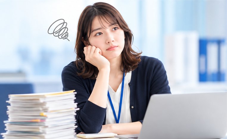 積み上がった書類の横で、頬杖をついて考え込む総務担当の女性